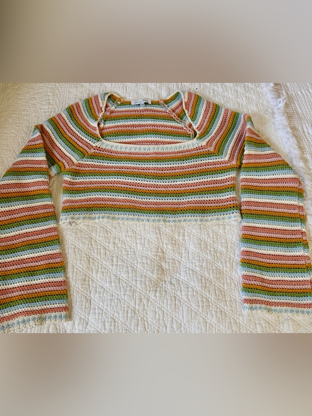 Striped Pastel Crochet Scoop Neck Cropped Sweater